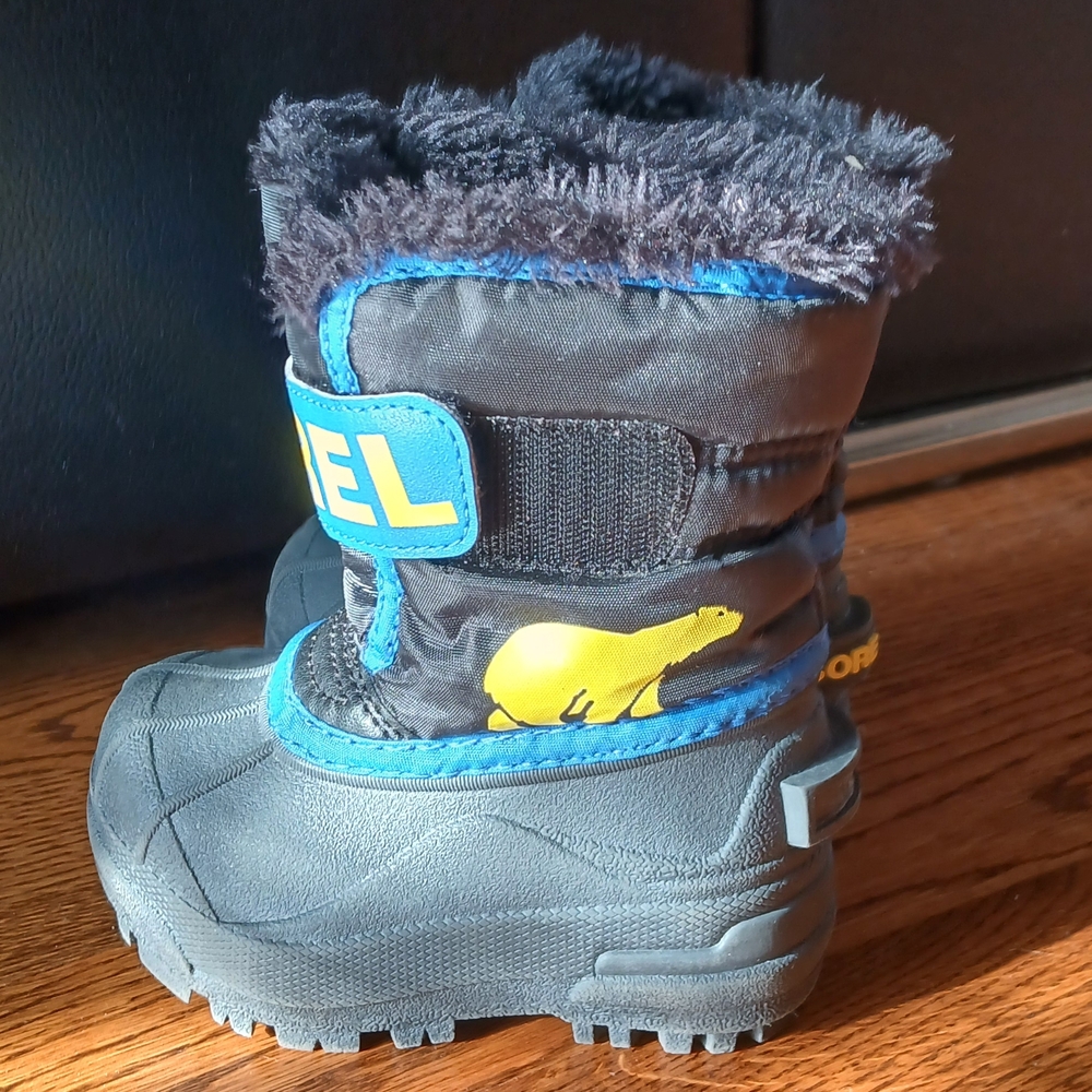 Sorel Kids' Black and Blue Snow Boots with Yellow Accents